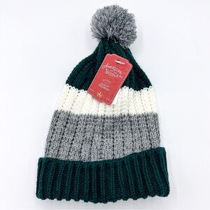 American Needle Green & Gray Striped Pom Pom Winter Hat
